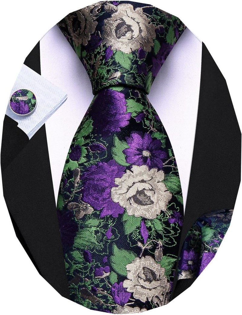 Barry.Wang Store Flower Ties for Men Handkerchief Cufflinks Set Wedding Necktie Set Party - Image 1